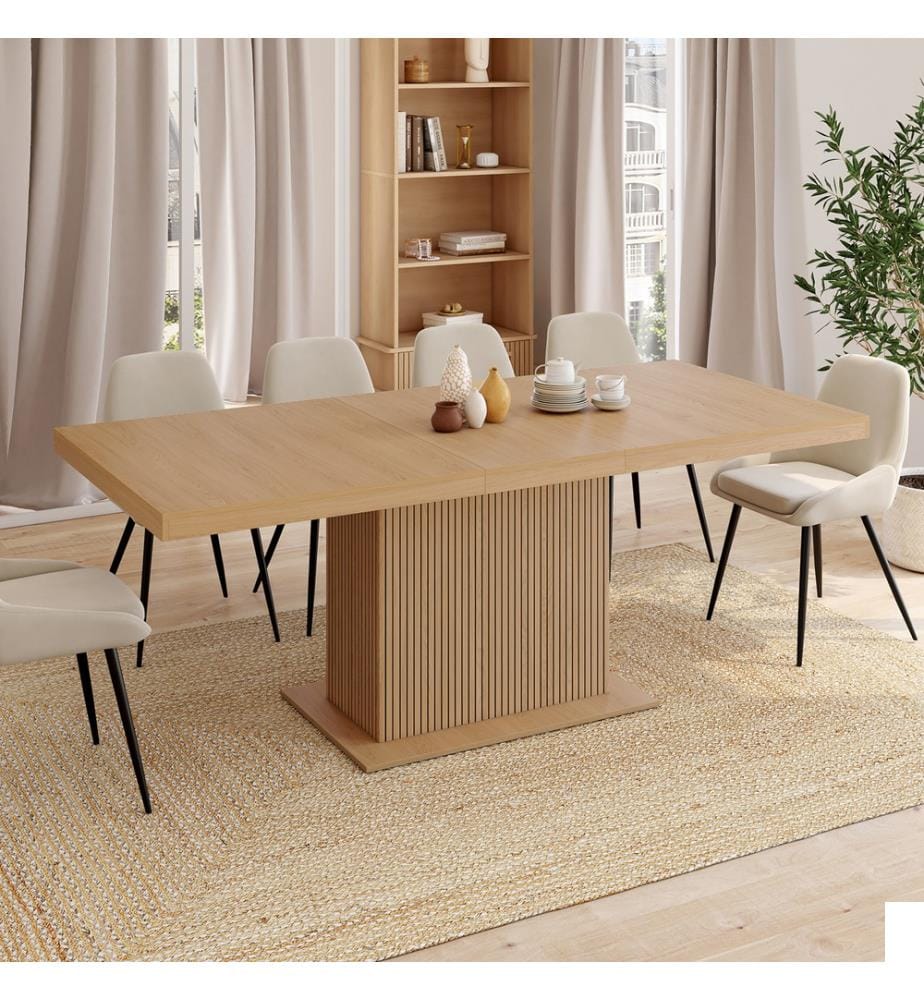 Table à manger extensible Faustine bois et pied lattes avec rangement intégré 160-200cm