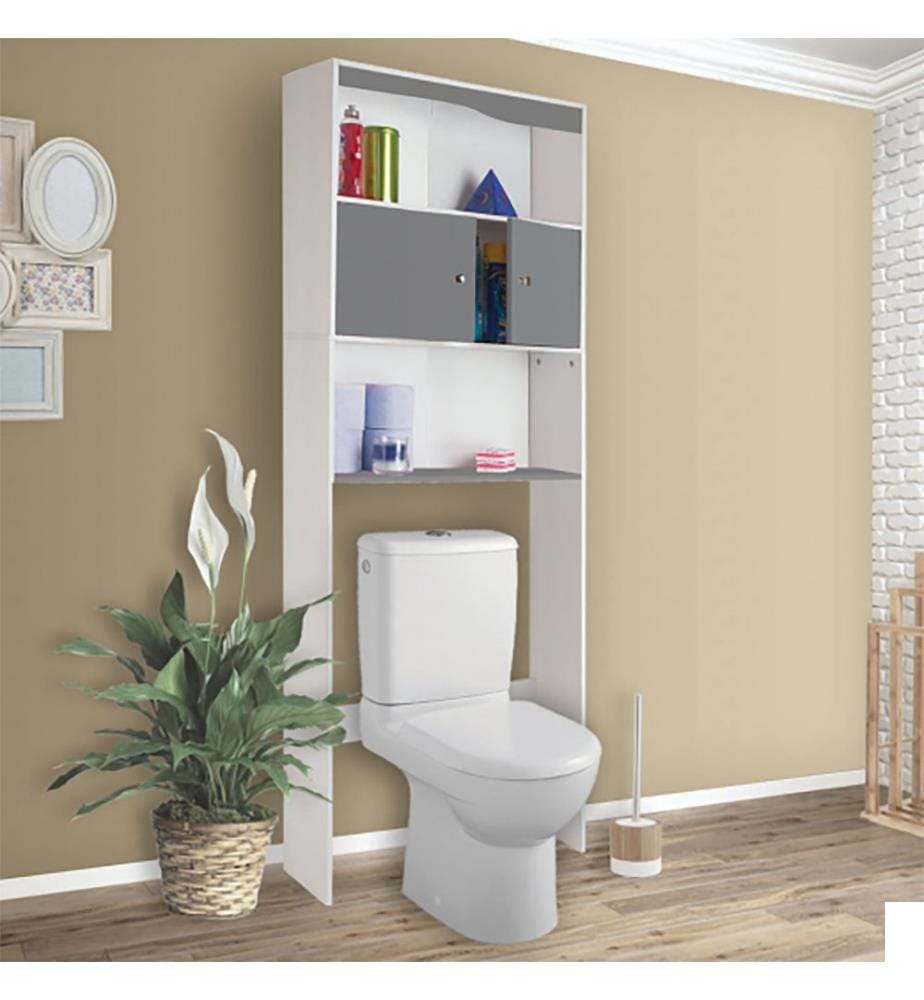 Meuble spécial dessus de WC avec placard double battant et étagères - Gris