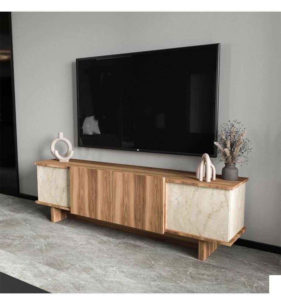 Meuble TV - Noyer et travertin