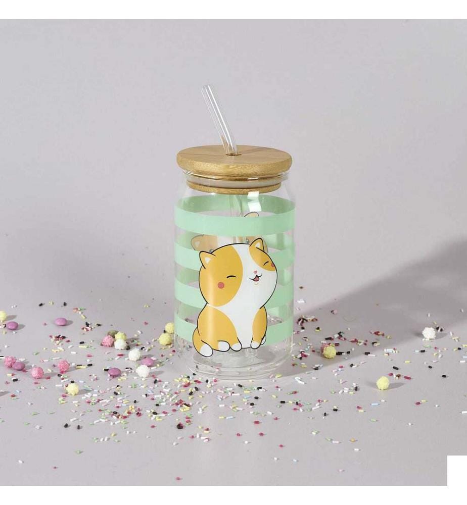Verre avec Couvercle Bambou et Paille Kawaii 45 cl (Modèle aléatoire, 1 parmi 3) - Transparent