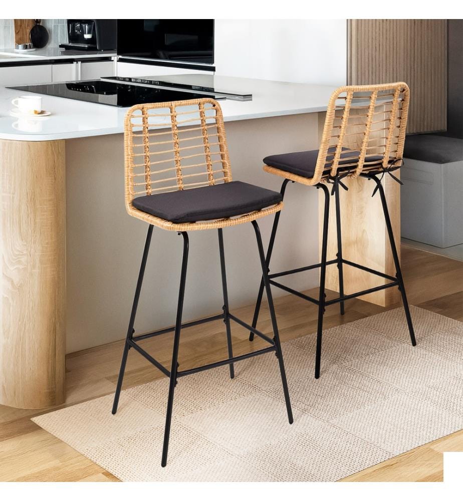 Lot de 2 Tabourets de bar Cuba style rotin avec coussin
