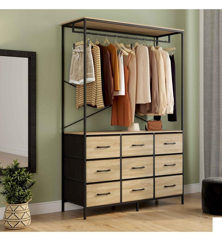 Dressing Iris penderie et 9 tiroirs bois et noir