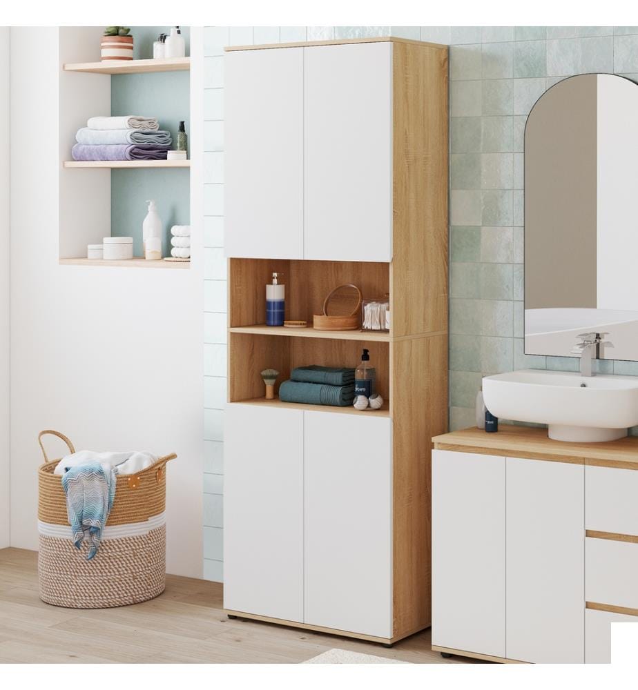 Armoire salle de bain Tom 4 portes - Brun et Blanc