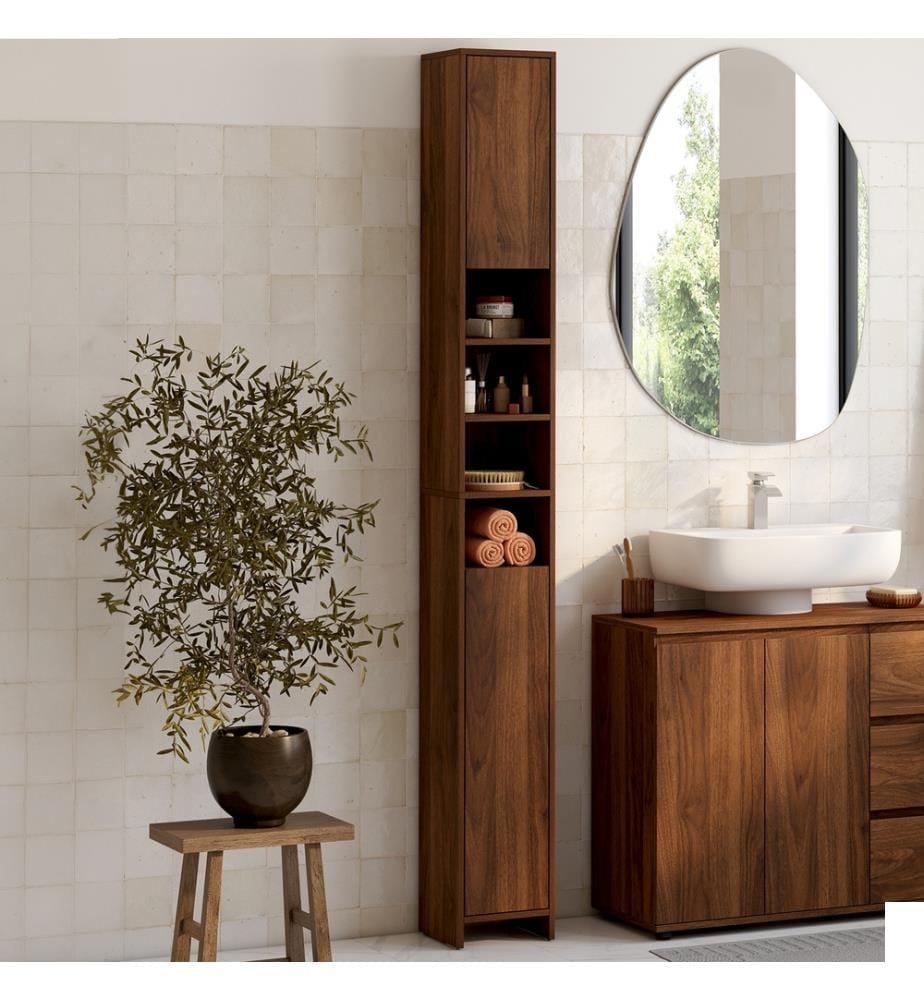 Colonne salle de bain Tom 2 portes 4 niches - Brun