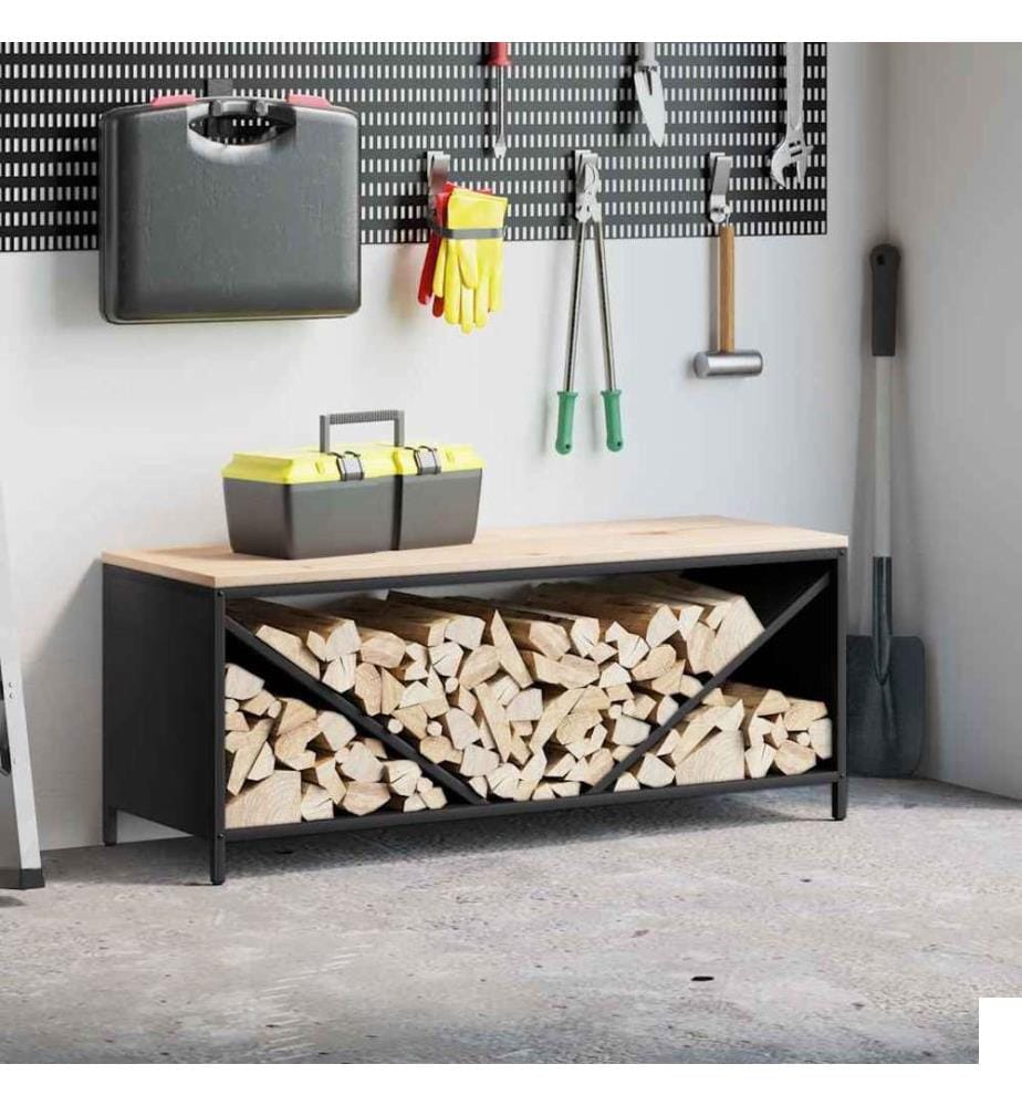 Étagère à bois de chauffage avec plateau en bois noir