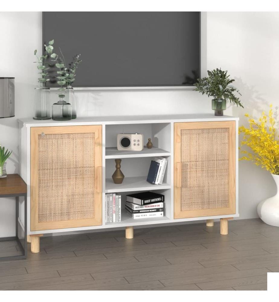 Buffet Blanc 105x30x60 cm Bois de pin massif et rotin naturel