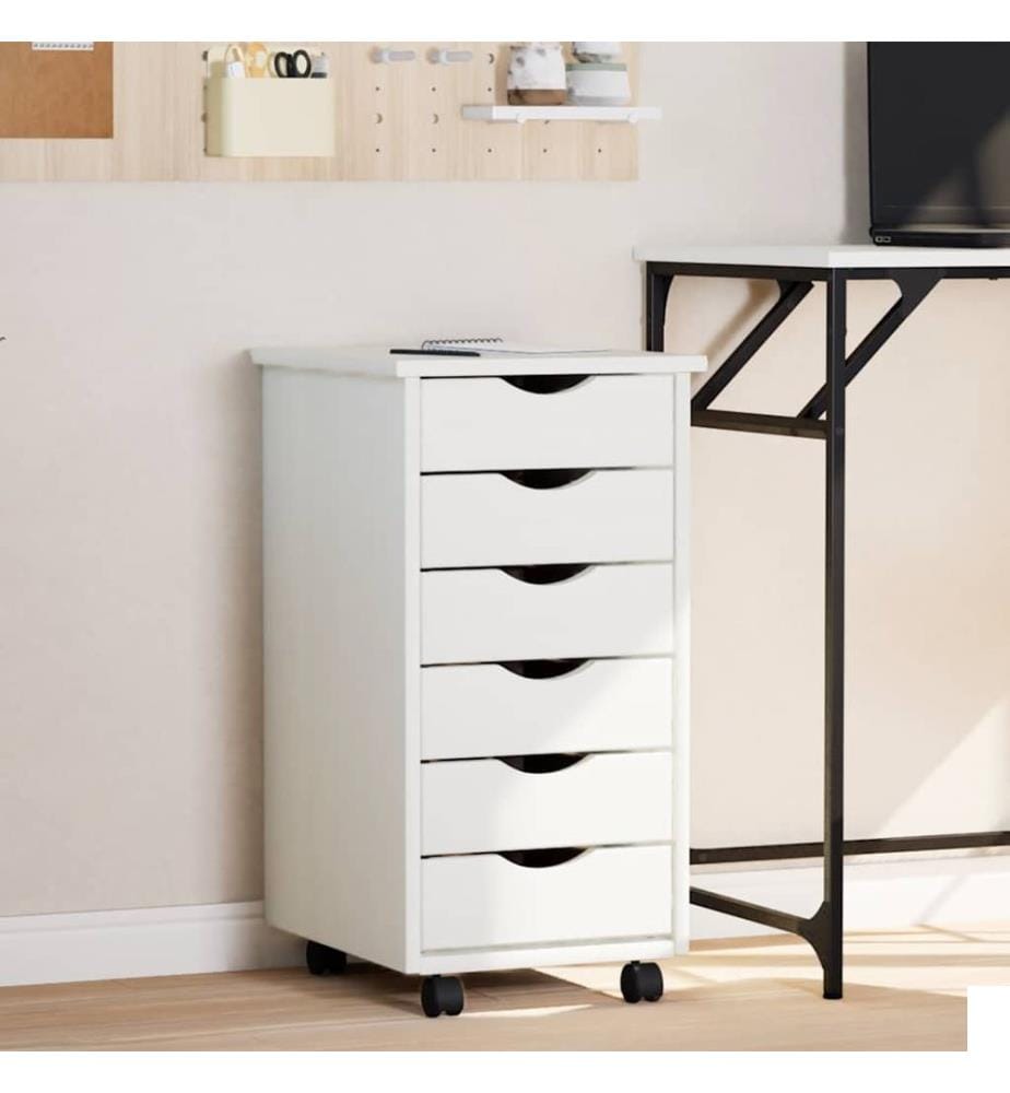 Armoire roulante avec tiroirs MOSS blanc bois de pin solide