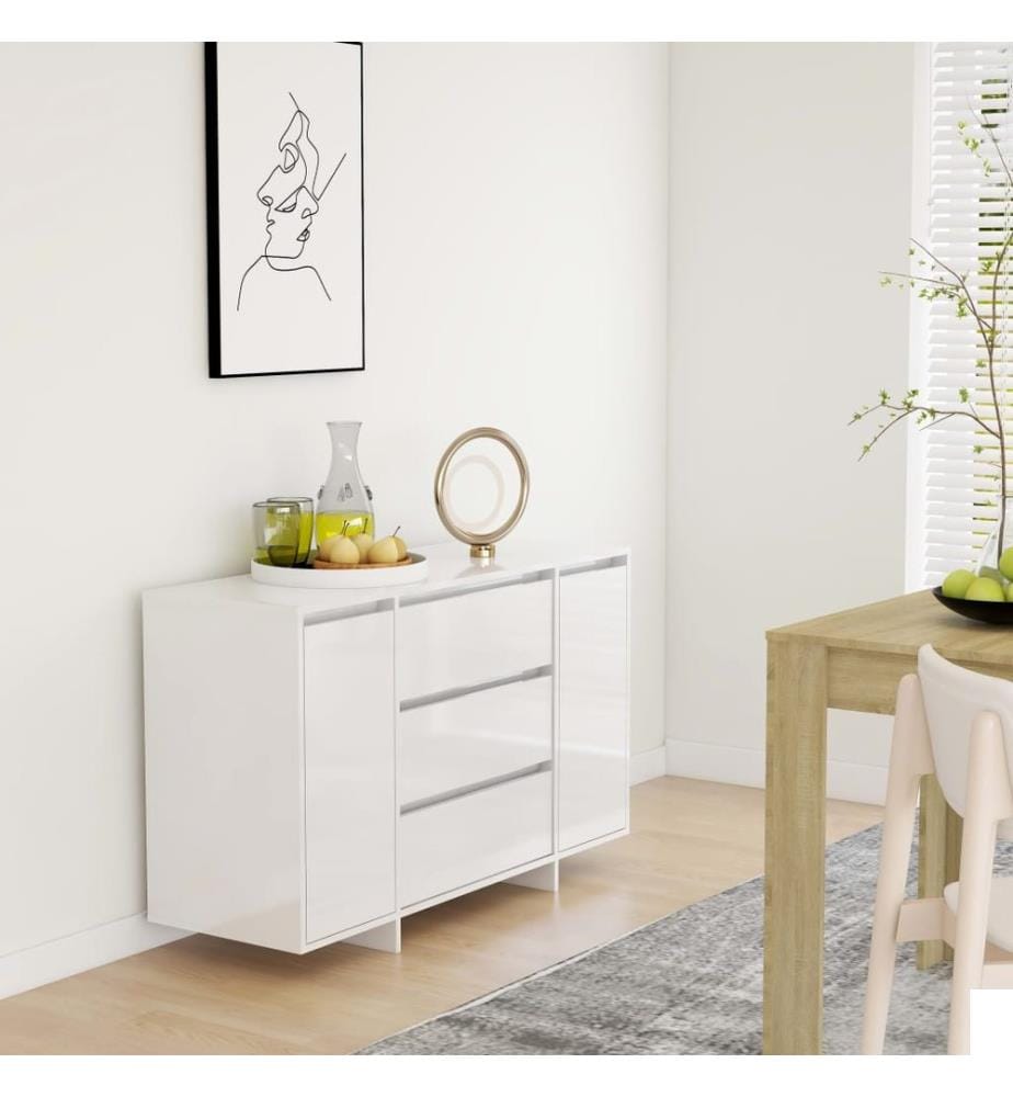 Buffet et 3 tiroirs Blanc brillant 120x41x75 cm Bois ingénierie