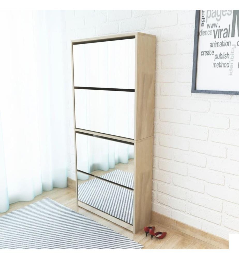 Meuble à chaussures 4 étagères avec miroir 63x17x134 cm Chêne