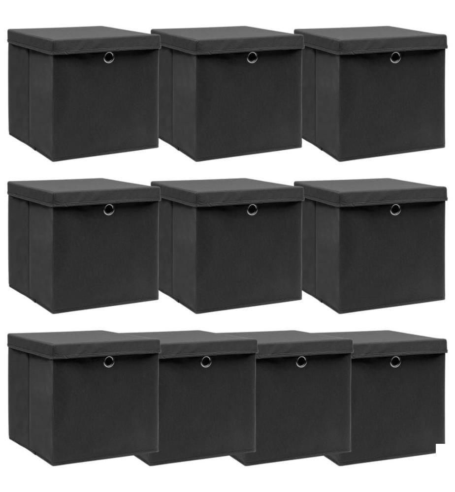 Boîtes de rangement avec couvercle 10 pcs Noir 32x32x32cm Tissu