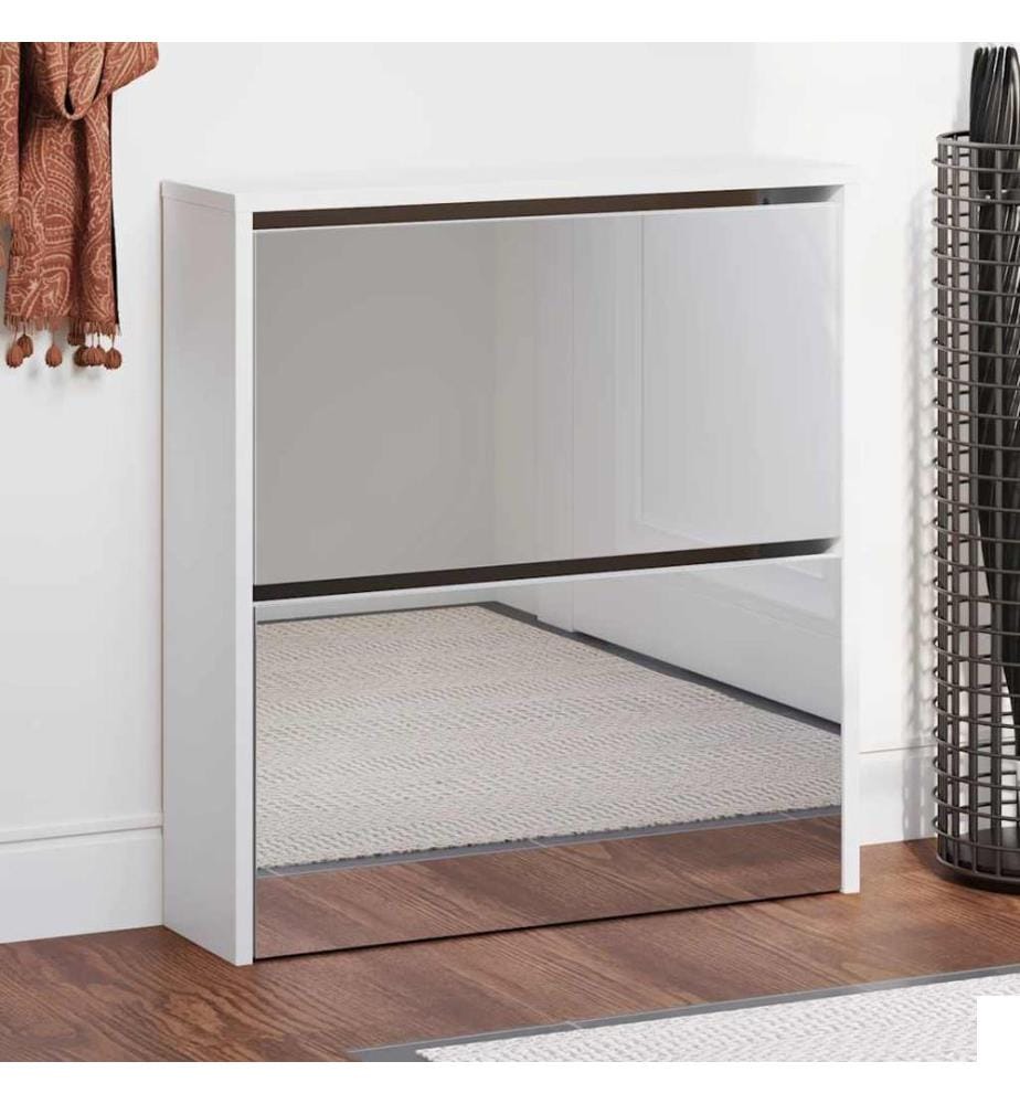 Armoire à chaussures miroir 2 niveaux Blanc brillant 63x17x67cm