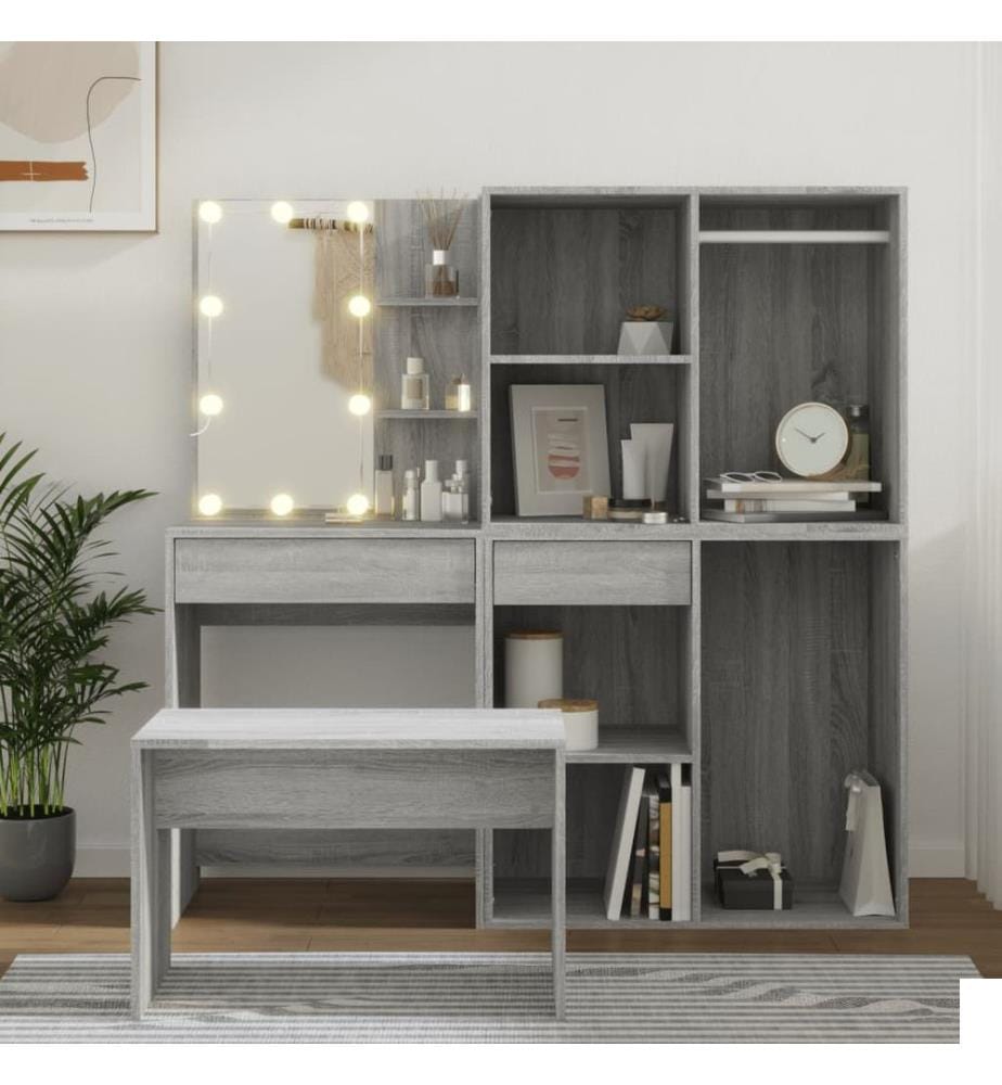 Ensemble de coiffeuse avec LED Sonoma gris Bois d'ingénierie