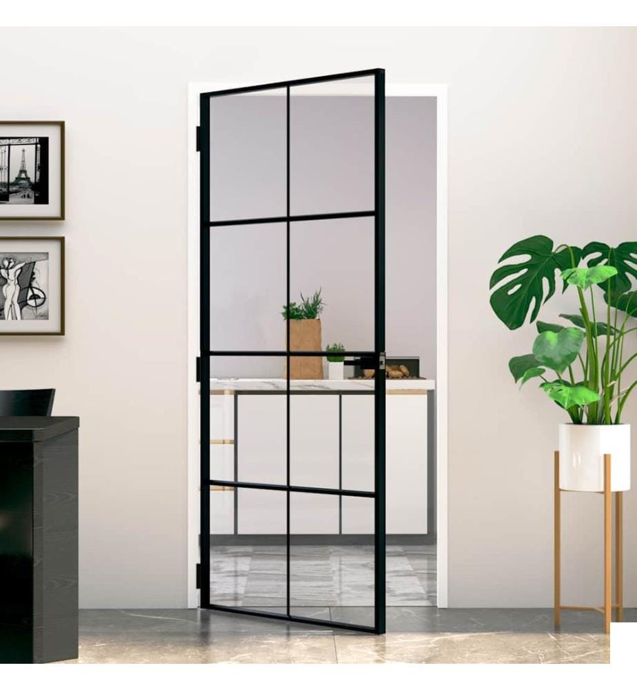 Porte d'intérieur Noir 93x201,5 cm Trempé verre aluminium fin