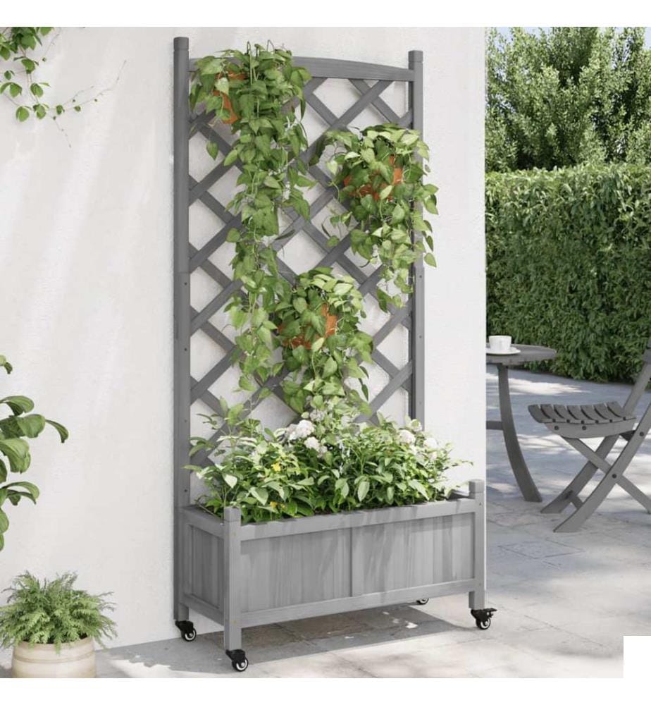 Jardinière avec treillis et roues gris bois massif de sapin