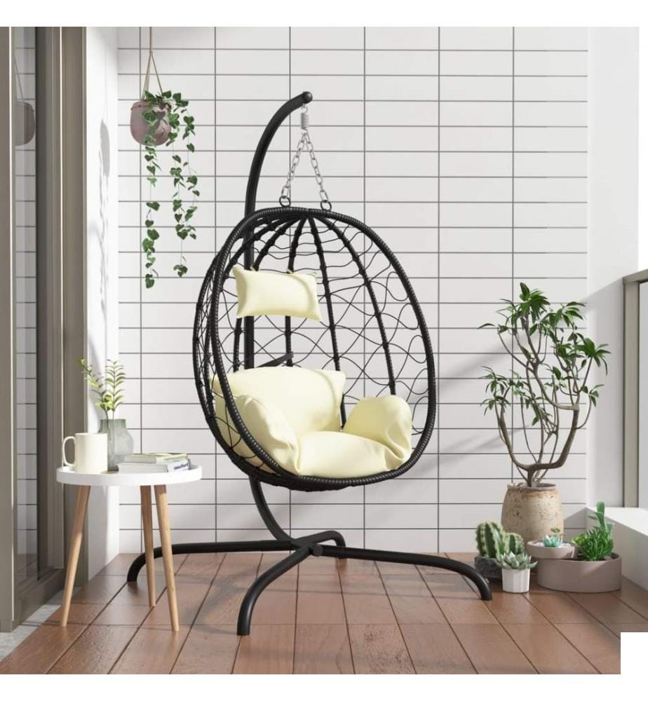 Fauteuil suspendu avec coussin en polyrotin et acier blanc crème