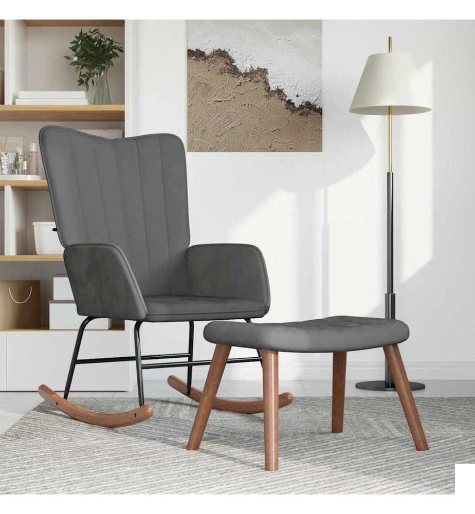 Chaise à bascule avec repose-pied Gris foncé Velours