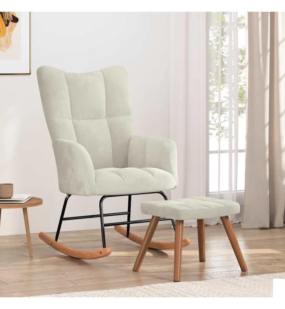Chaise à bascule avec repose-pied Blanc crème Velours