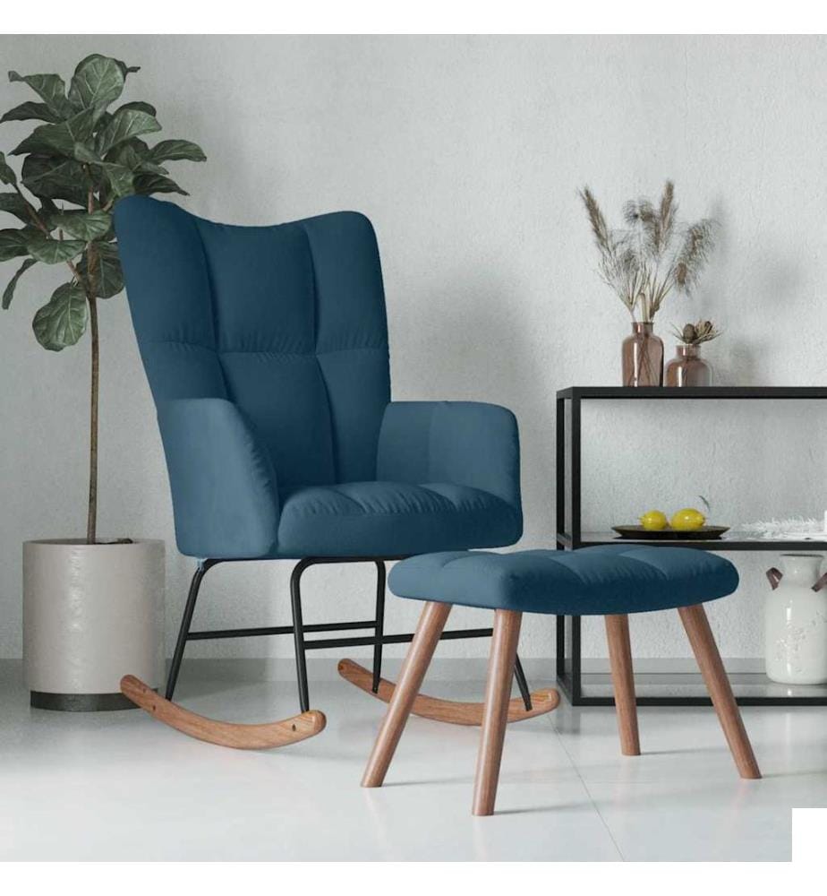 Chaise à bascule avec tabouret en velours bleu