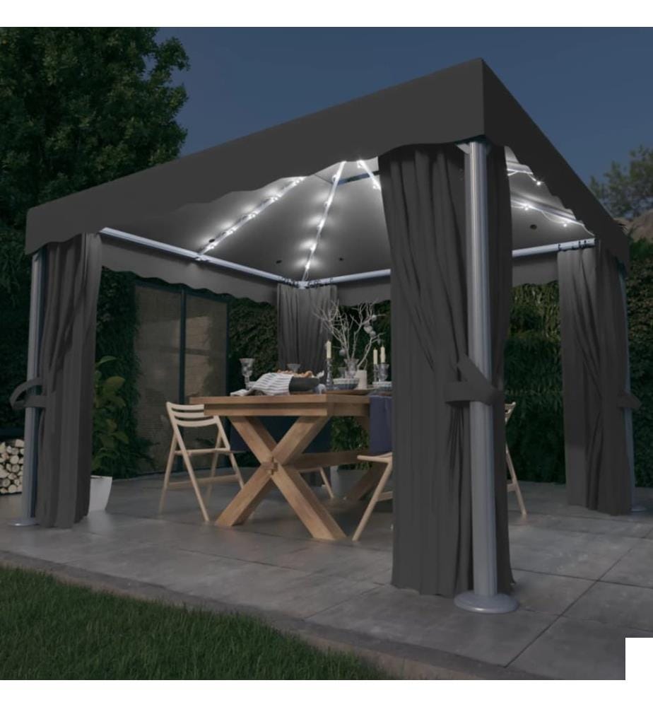Tonnelle avec rideau et guirlande lumineuse LED 3x3m Anthracite