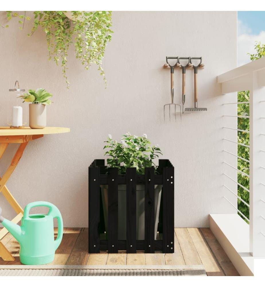 Jardinière avec design de clôture noir 50x50x50 cm pin massif