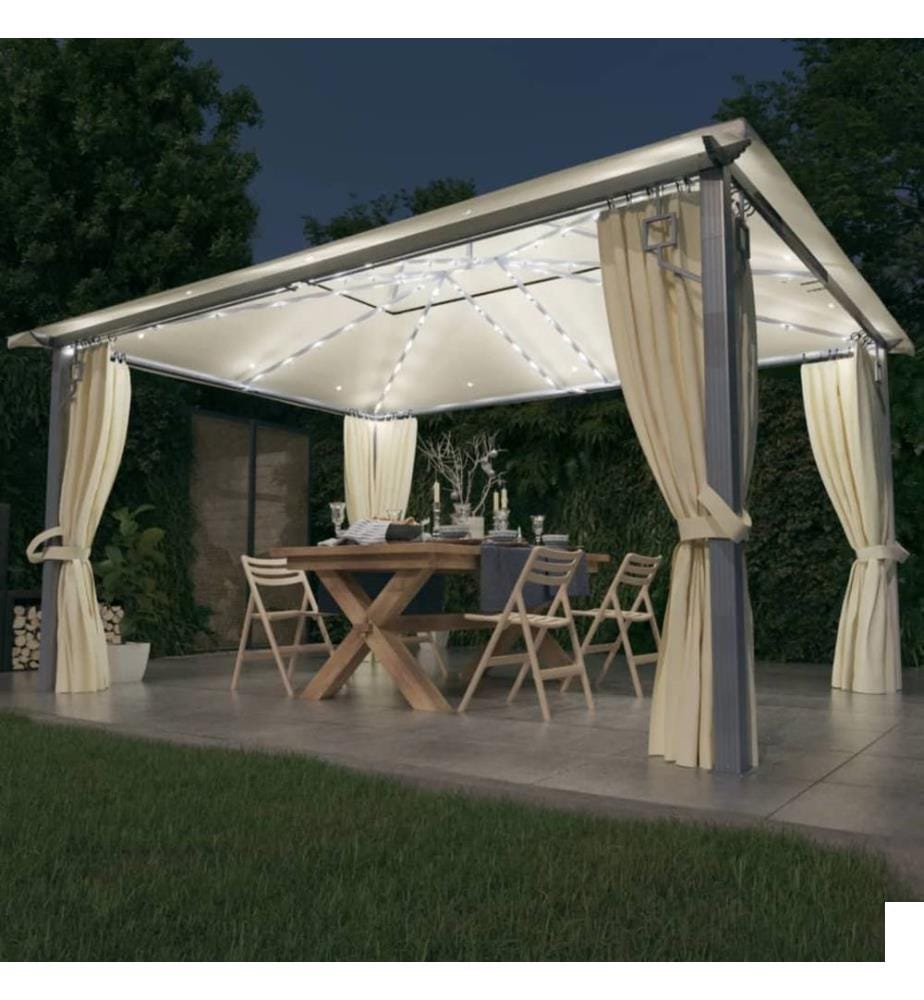 Tonnelle avec rideau et lumières LED 4x3 m Crème Aluminium