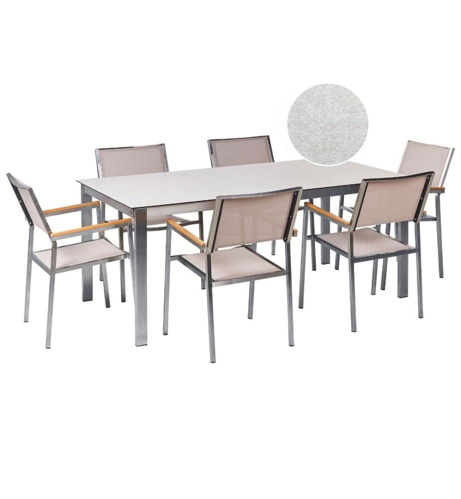 Salle à manger de jardin 6 places COSOLETO/GROSSETO Verre de sécurité Effet marbre Blanc/beige