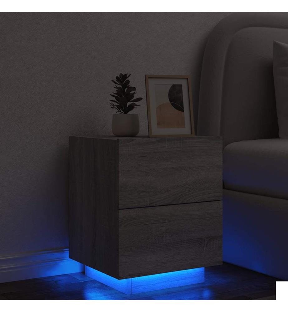 Armoire de chevet et lumières LED sonoma gris bois d'ingénierie
