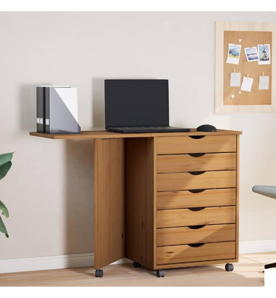 Armoire roulante avec bureau MOSS marron miel bois de pin