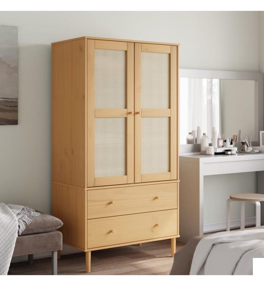 Garde-robe SENJA aspect rotin marron bois massif de pin