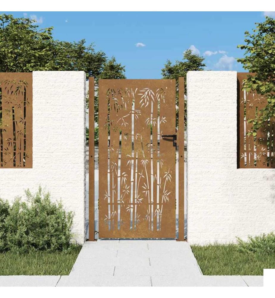 Portail de jardin 100x175 cm en acier Corten et design bambou