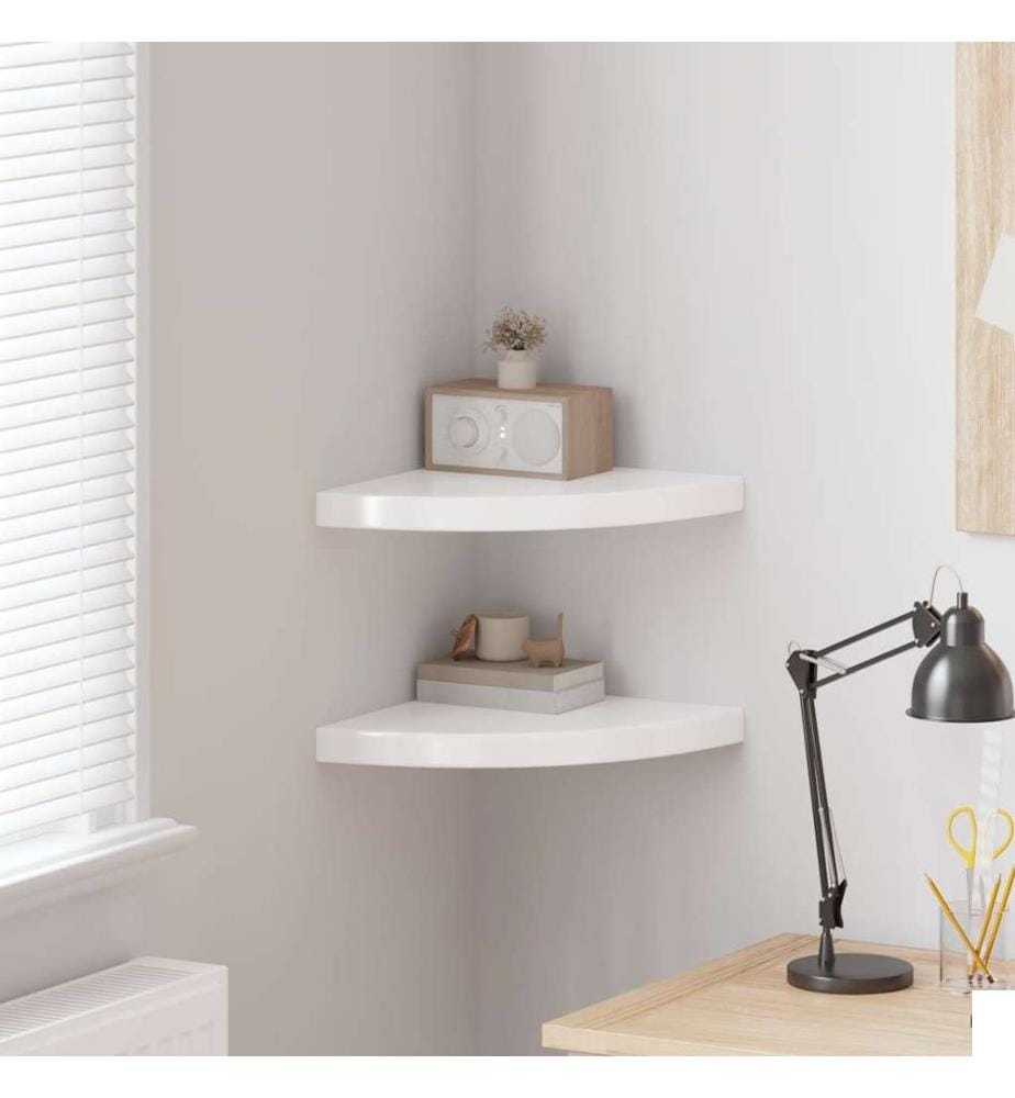 Étagères d'angle flottantes 2pcs blanc brillant 35x35x3,8cm MDF