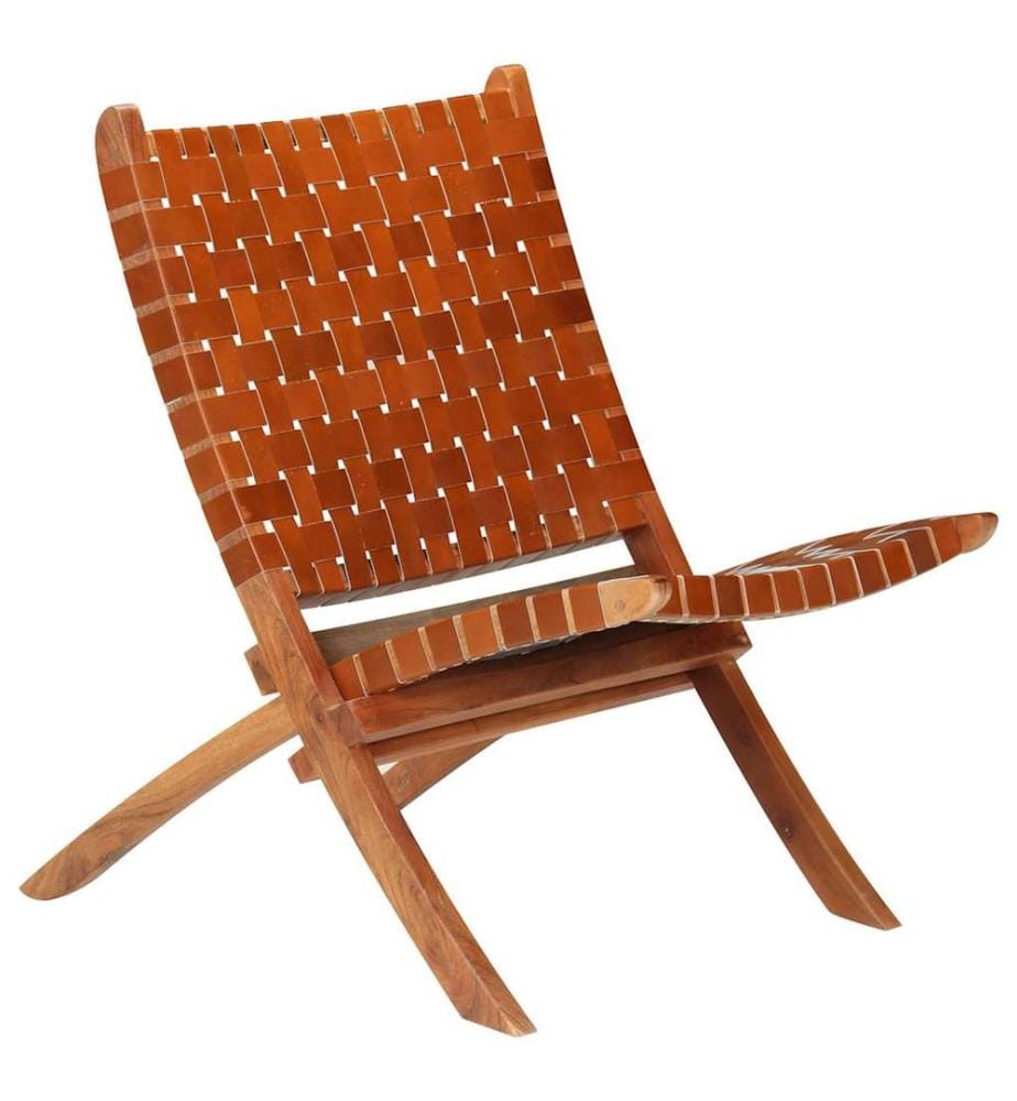 Chaise pliable bandes croisées marron cuir véritable