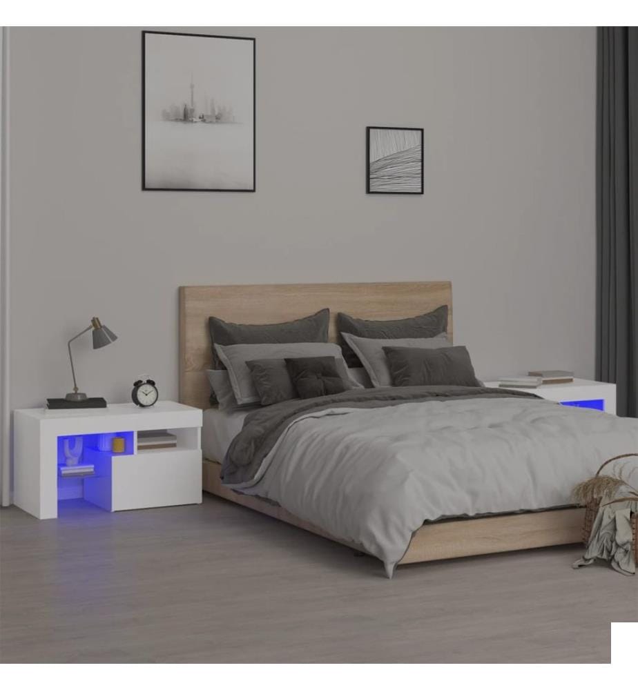 Tables de chevet 2 pcs et lumières LED Blanc 70x36,5x40 cm