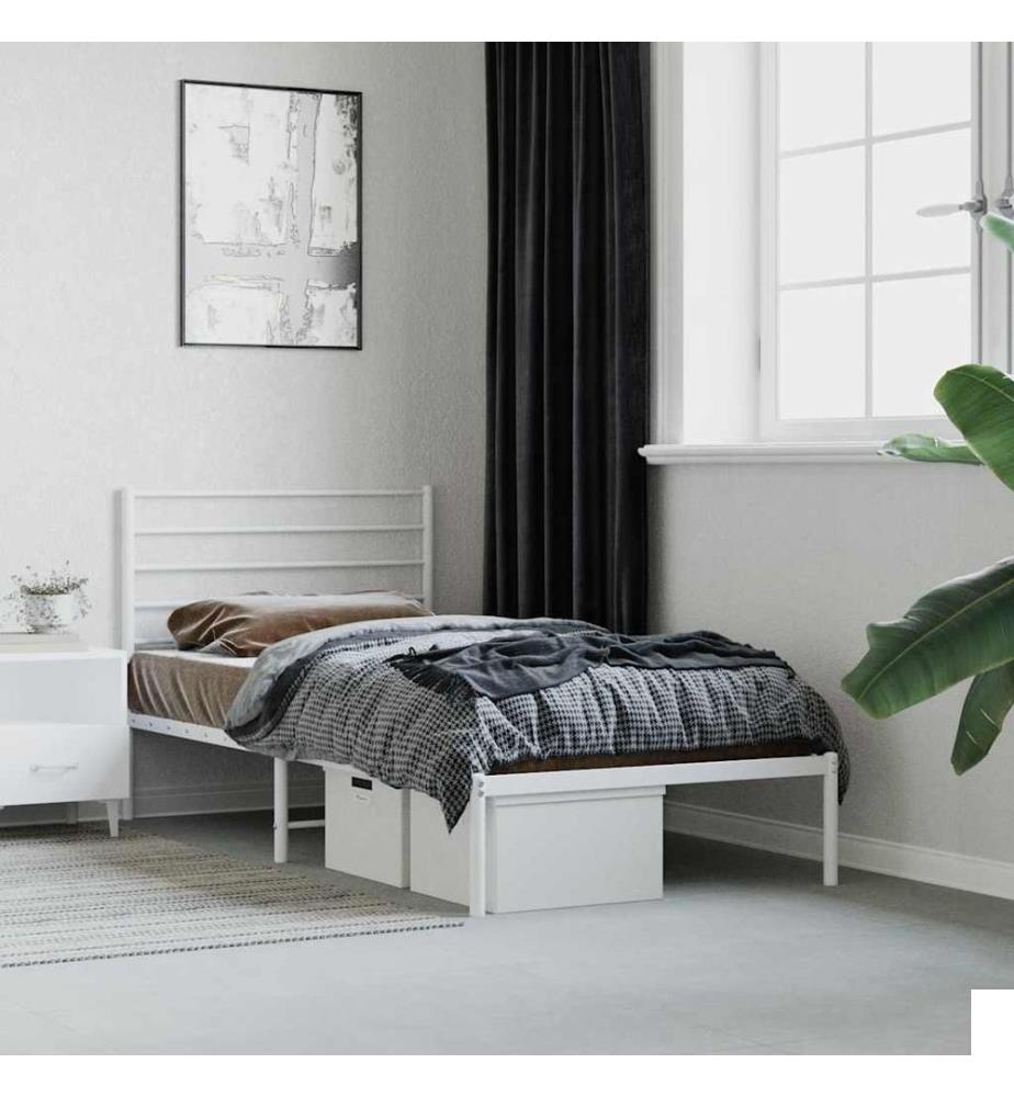 Cadre de lit métal sans matelas avec tête de lit blanc 90x200cm