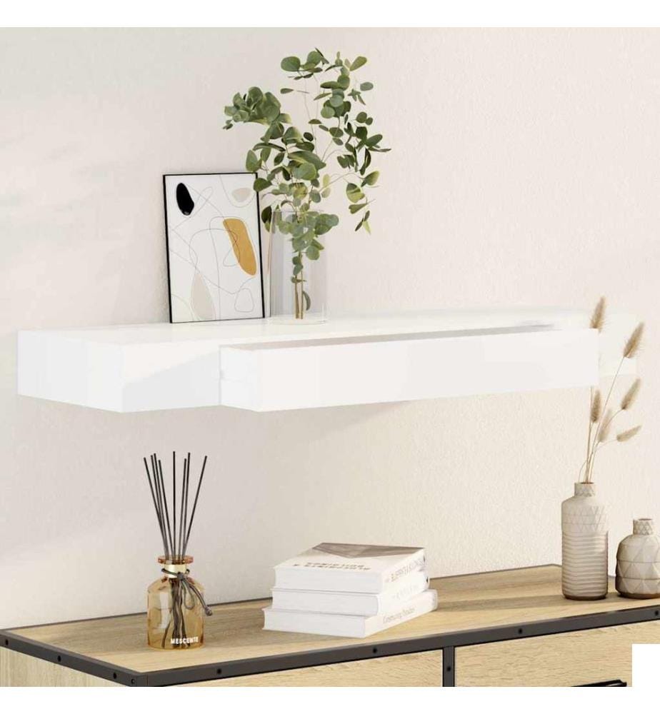 Étagère murale avec 1 tiroir MDF Blanc Rangement de livres/DVD