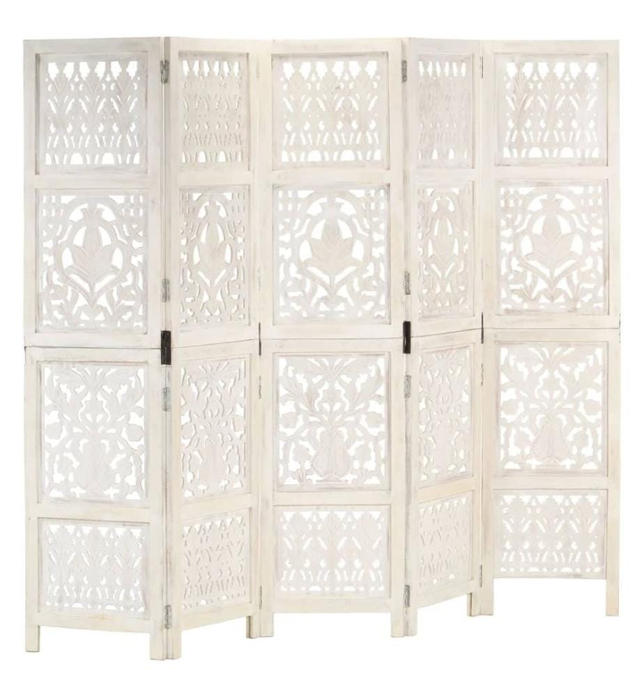 Cloison de séparation 5 panneaux Blanc 200x165 cm Bois manguier