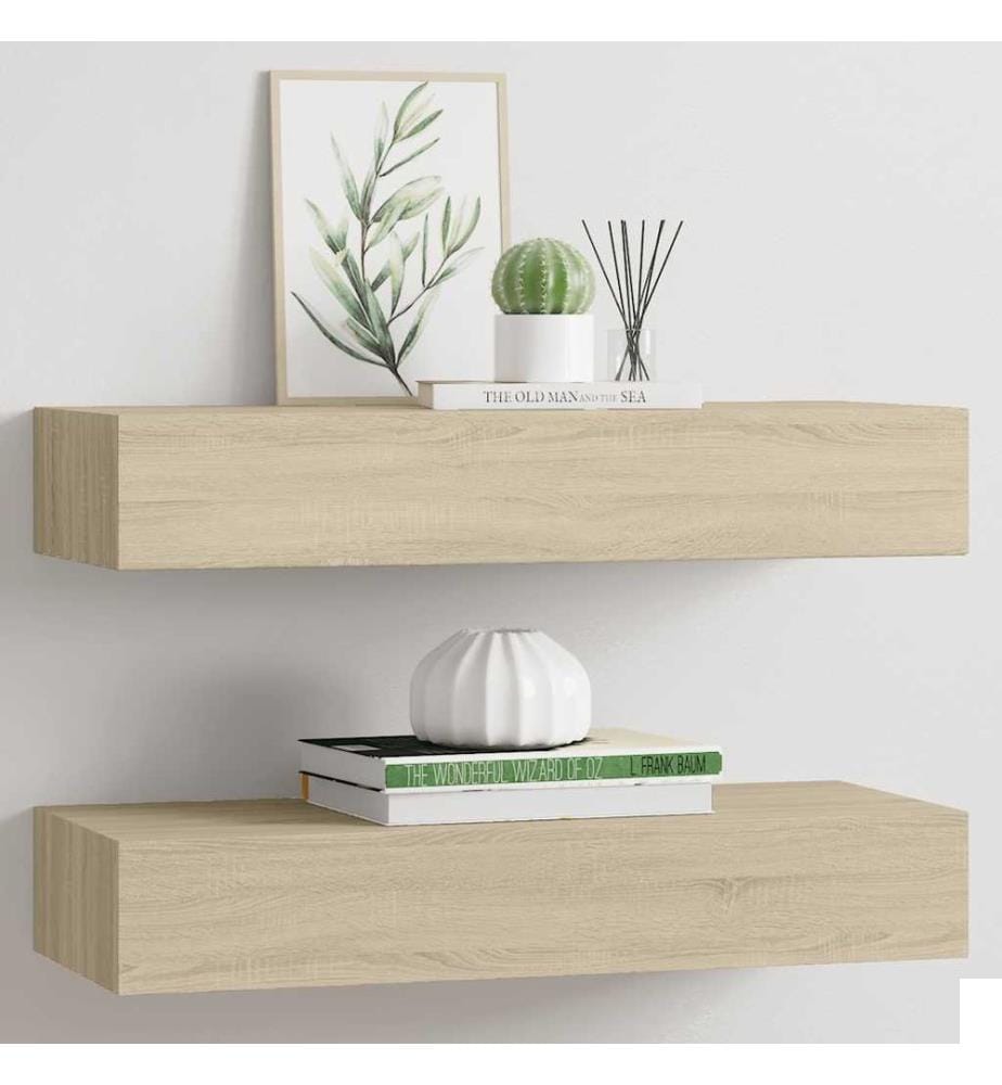 Étagères à tiroirs murales 2 pcs chêne 60x23,5x10 cm MDF