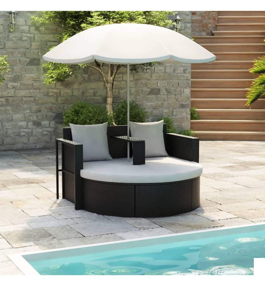 Lit de jardin avec parasol Noir Résine tressée