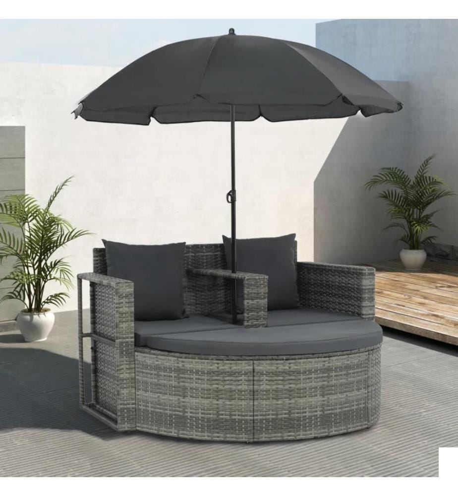 Canapé de jardin 2 places avec coussins et parasol Gris