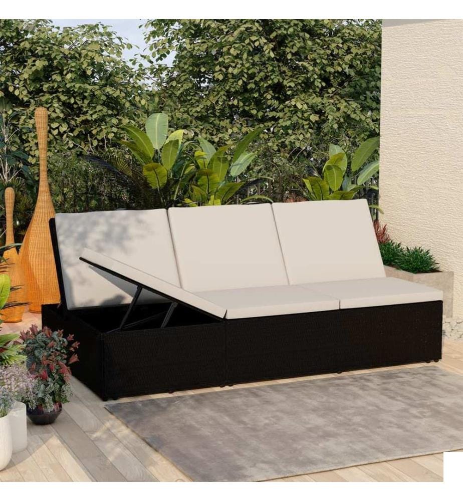 Chaise longue convertible avec coussin Résine tressée Noir