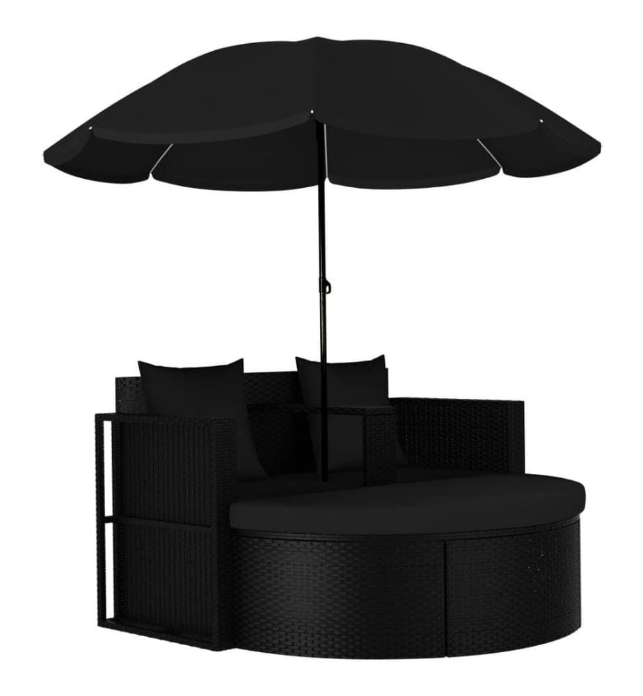 Lit de jardin avec parasol Résine tressée Noir