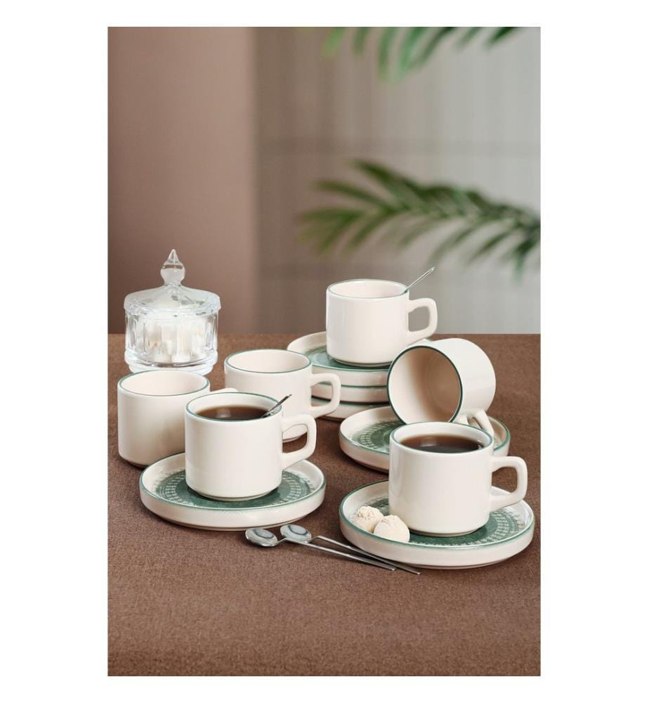 Service de tasses à thé, 12 pièces, blanc, vert, 100% Ceramic, antibactérien