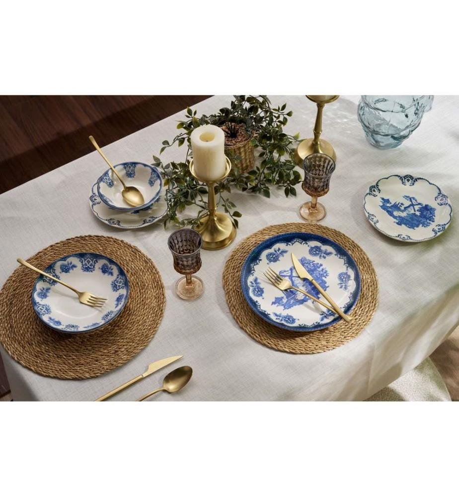 Service de table, 24 pièces, blanc bleu, 100 % PORCELAINE