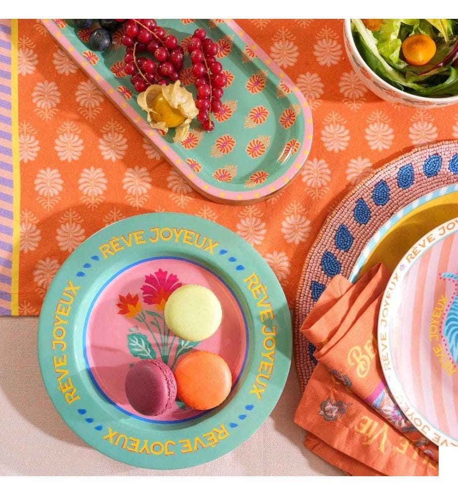 Planche de présentation des aliments, rose, vert, 100% BOIS DE MANGO
