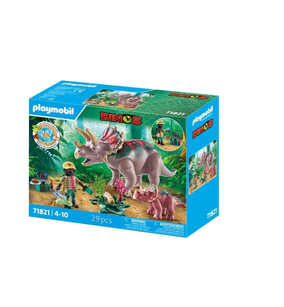 Tricératops avec bébé et explorateur