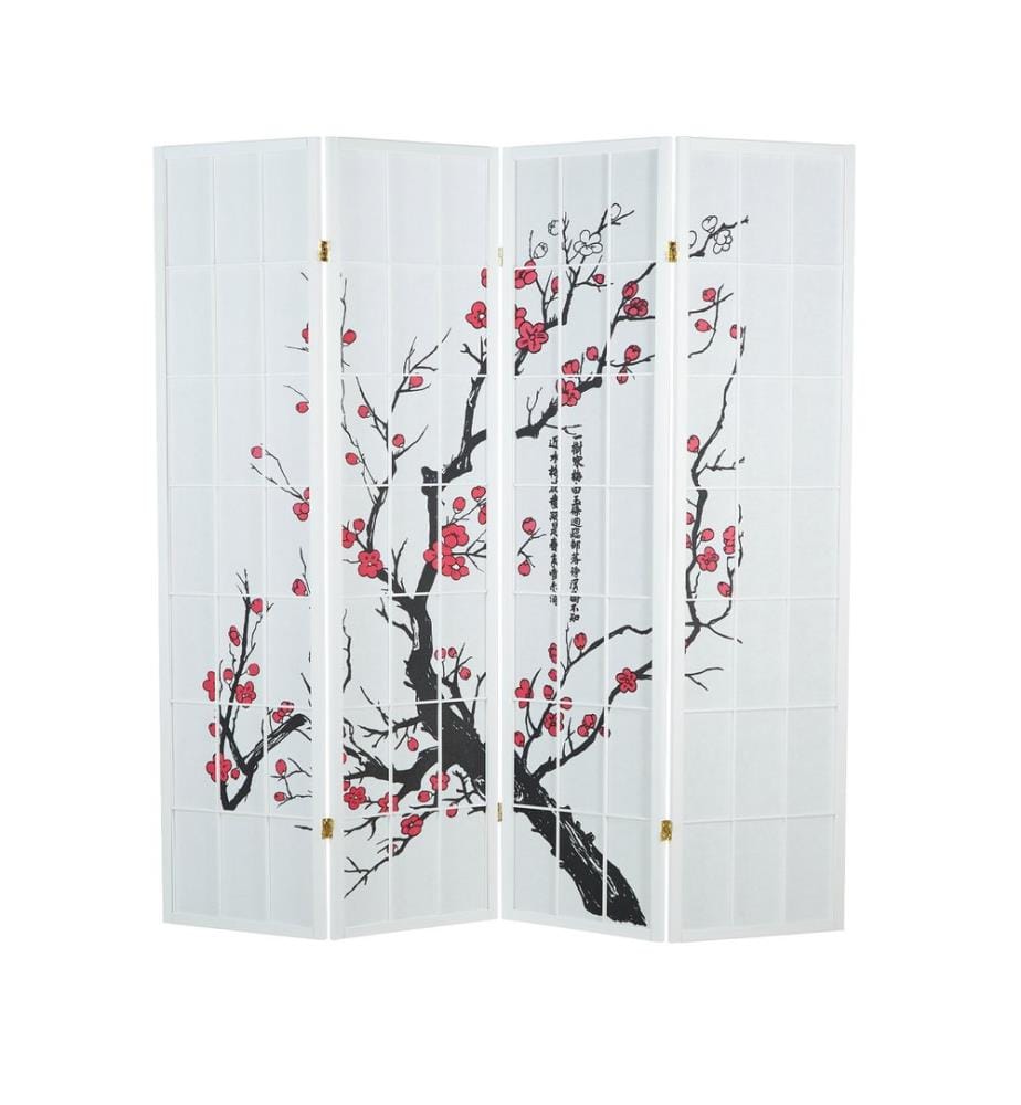 Paravent en bois composé de 4 panneaux, motif « fleurs de cerisier » blanc