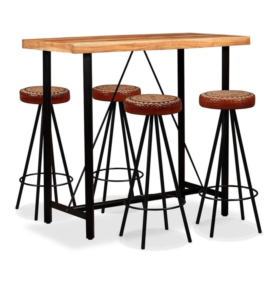 Ensemble de bar 5 pcs Bois d'acacia Cuir véritable et toile