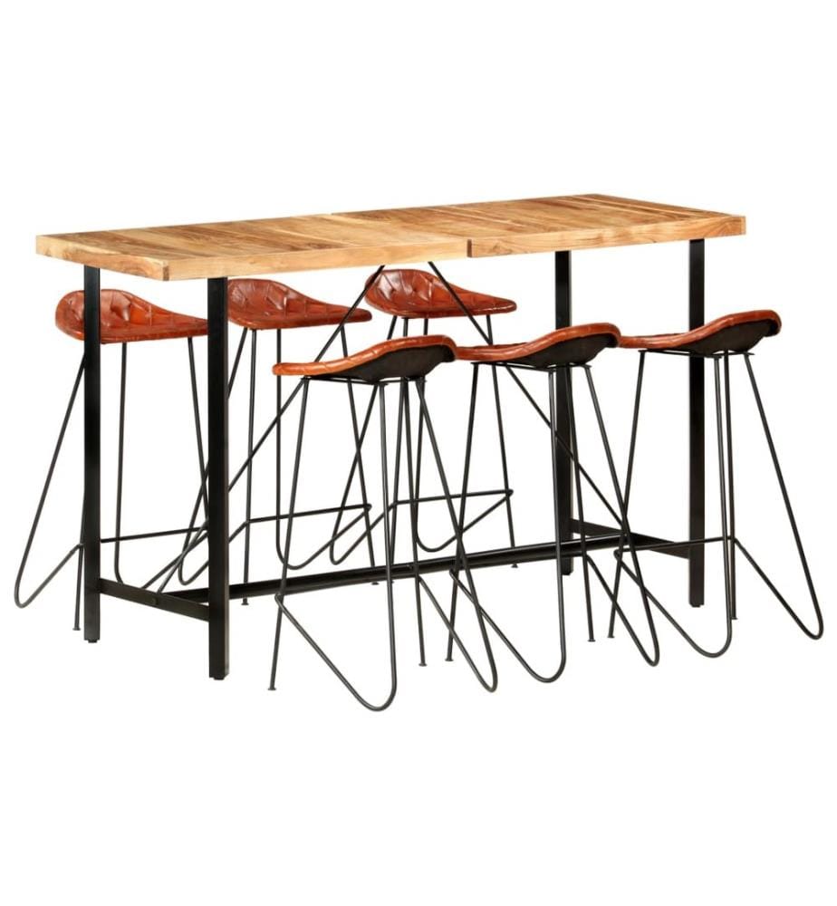 Ensemble de bar 7 pcs Bois d'acacia solide et cuir véritable
