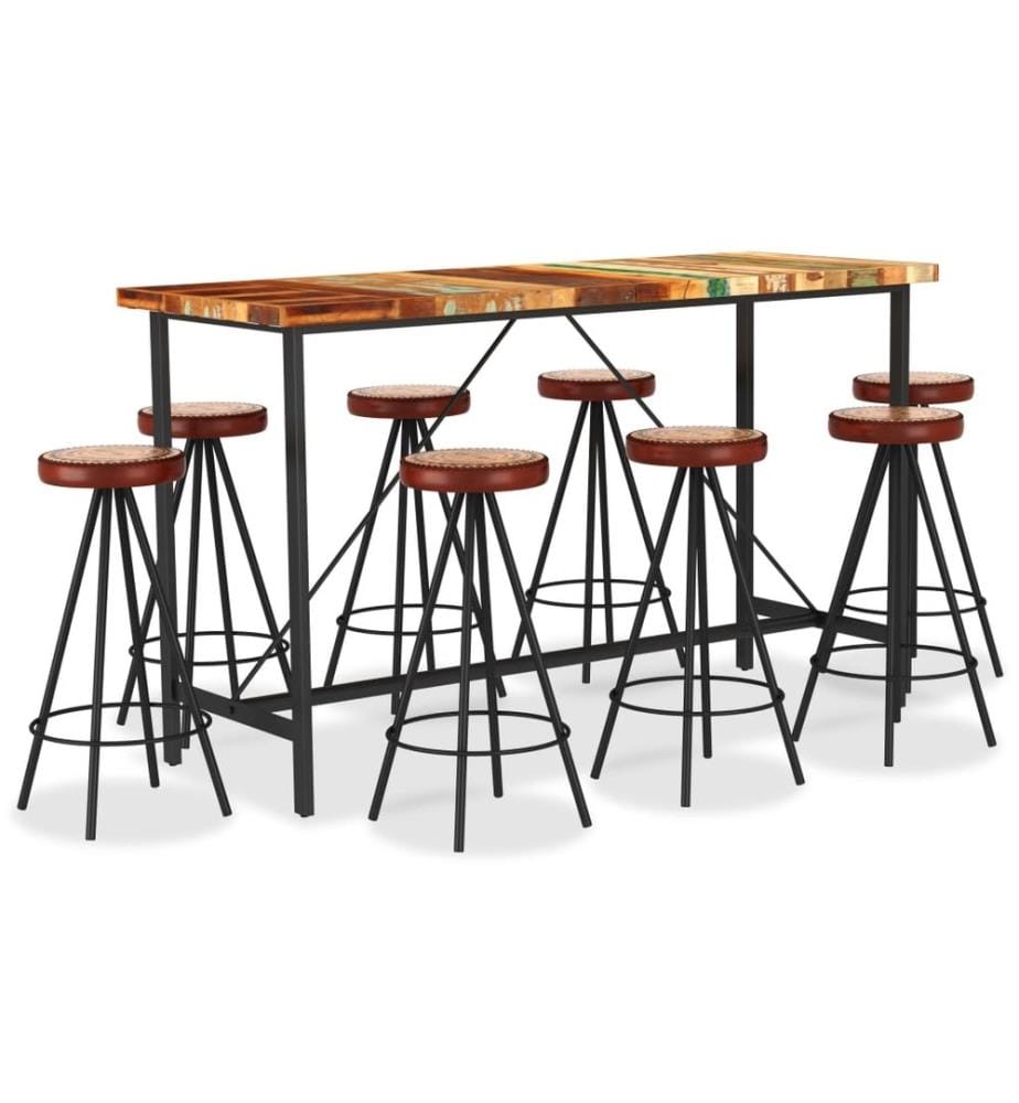 Ensemble de bar 9 pcs Bois de récupération et cuir véritable