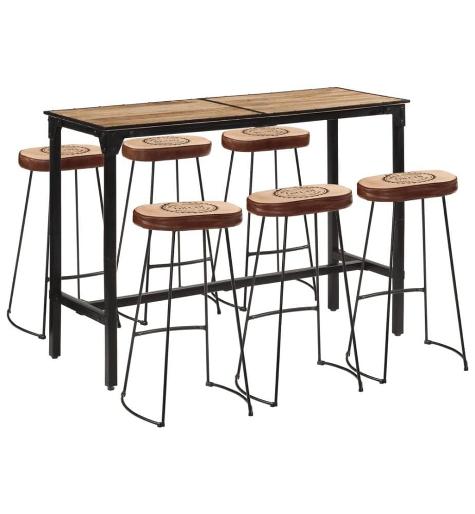 Ensemble de bar 7 pcs bois de manguier brut massif et métal